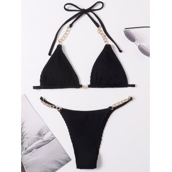 Emmiol Free Shipping 2025 Chain Embellished Smocked Halter Bikini Set