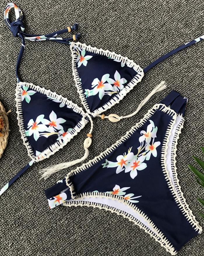 EMMIOL Polyester Crochet Print Shell Sexy Bikini