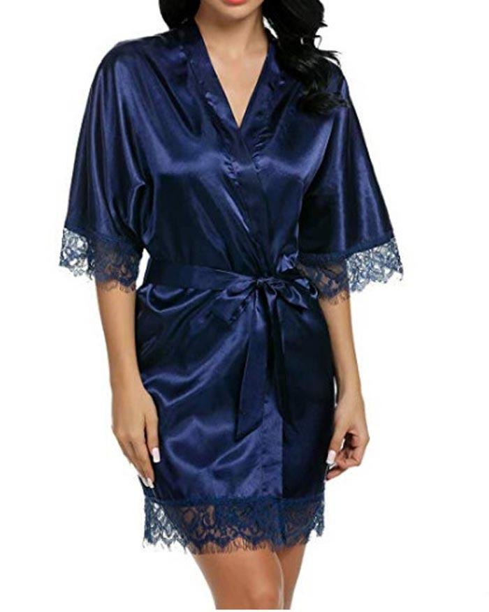 EMMIOL Satin-Pyjama-Kleid mit V-Ausschnitt