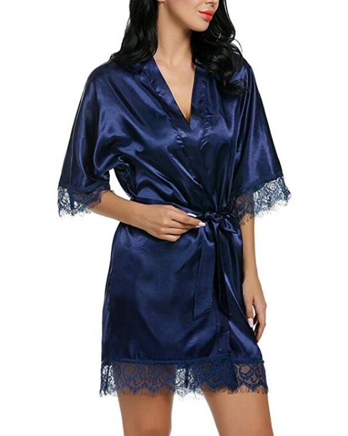 EMMIOL Satin-Pyjama-Kleid mit V-Ausschnitt