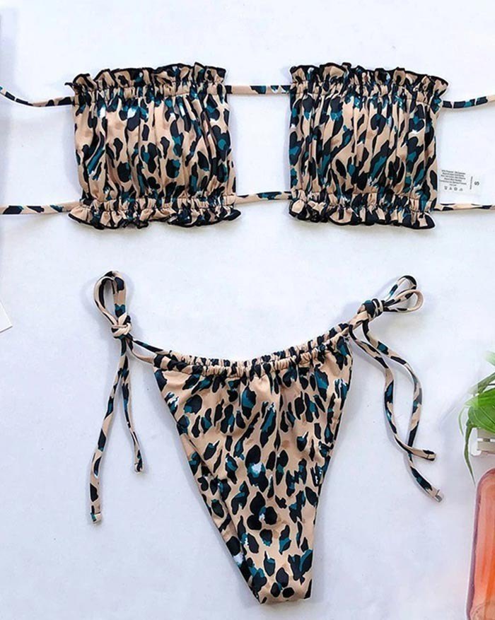 EMMIOL Pilz-Schnür-Bandeau-Bikini mit Leopardenmuster