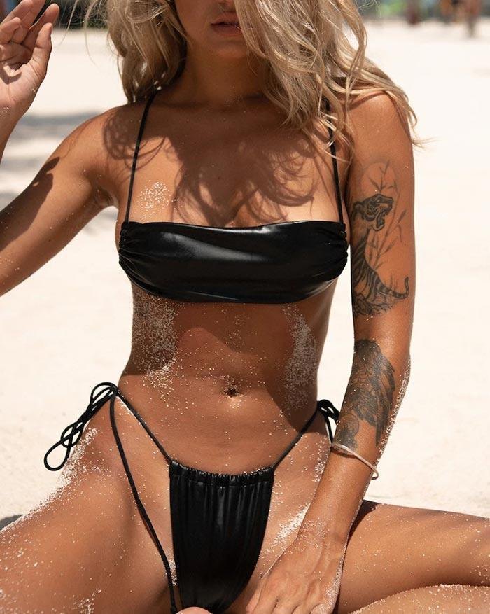 EMMIOL Imitiertes Leder Schnürbandeau Bikini