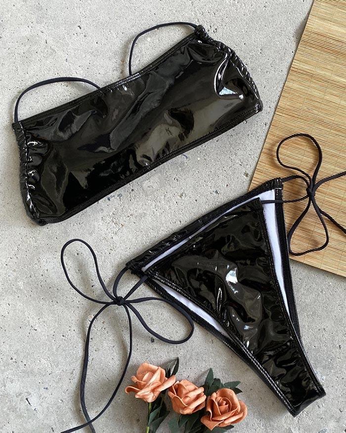 EMMIOL Imitiertes Leder Schnürbandeau Bikini