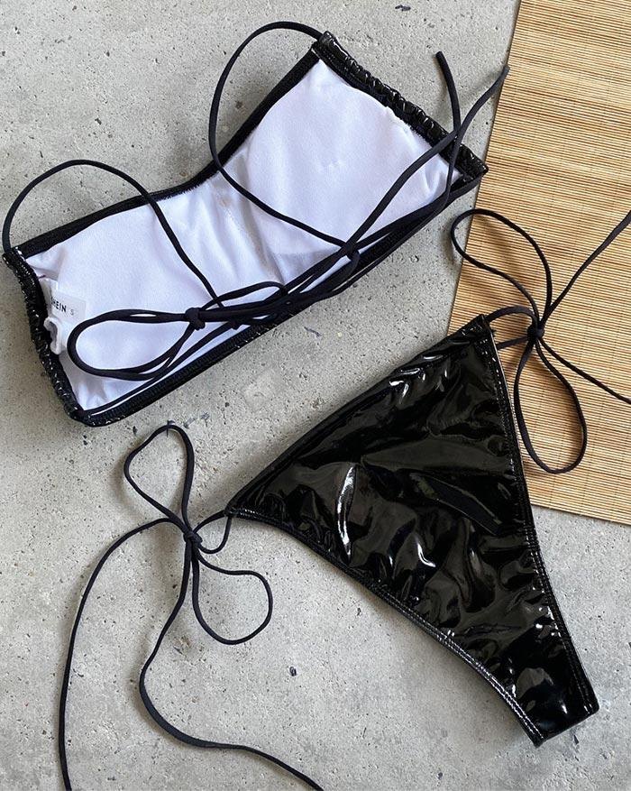 EMMIOL Imitiertes Leder Schnürbandeau Bikini