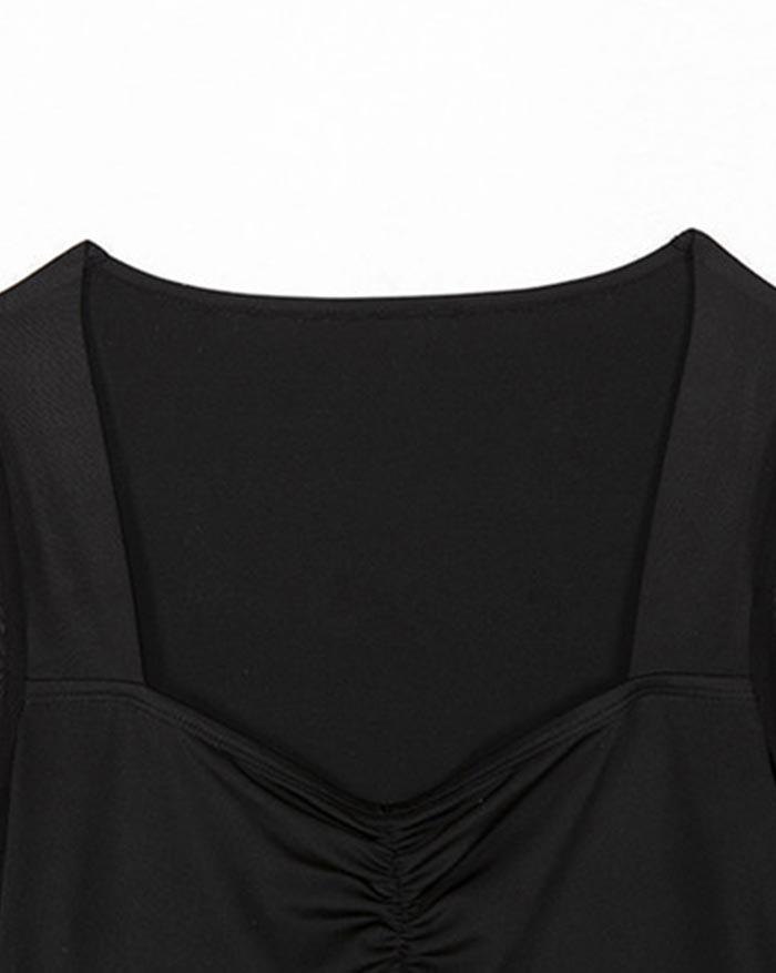 EMMIOL Body de perspectiva de cuello cuadrado plisado de malla de manga larga