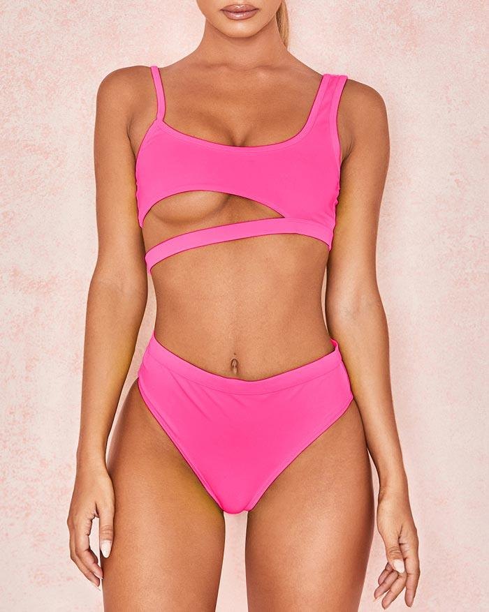 EMMIOL Solid Color Hollow Out High Waist Neon Bikini