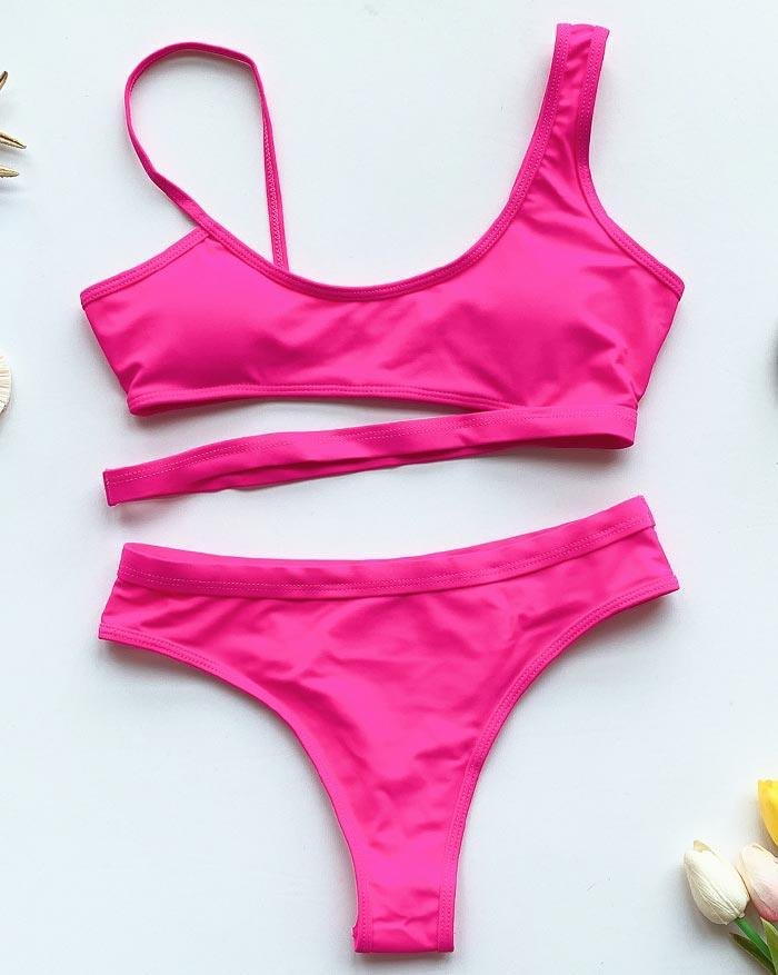 EMMIOL Solid Color Hollow Out High Waist Neon Bikini