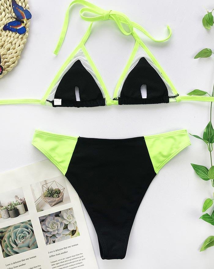 EMMIOL Bikini de neón triangular con cordones y costura de malla