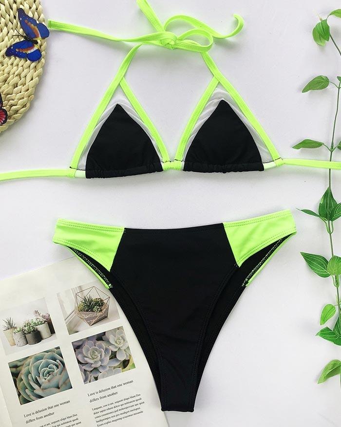 EMMIOL Bikini de neón triangular con cordones y costura de malla