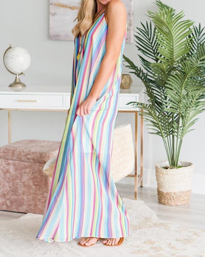 EMMIOL Colorful Striped Loose Strap Beach Dress