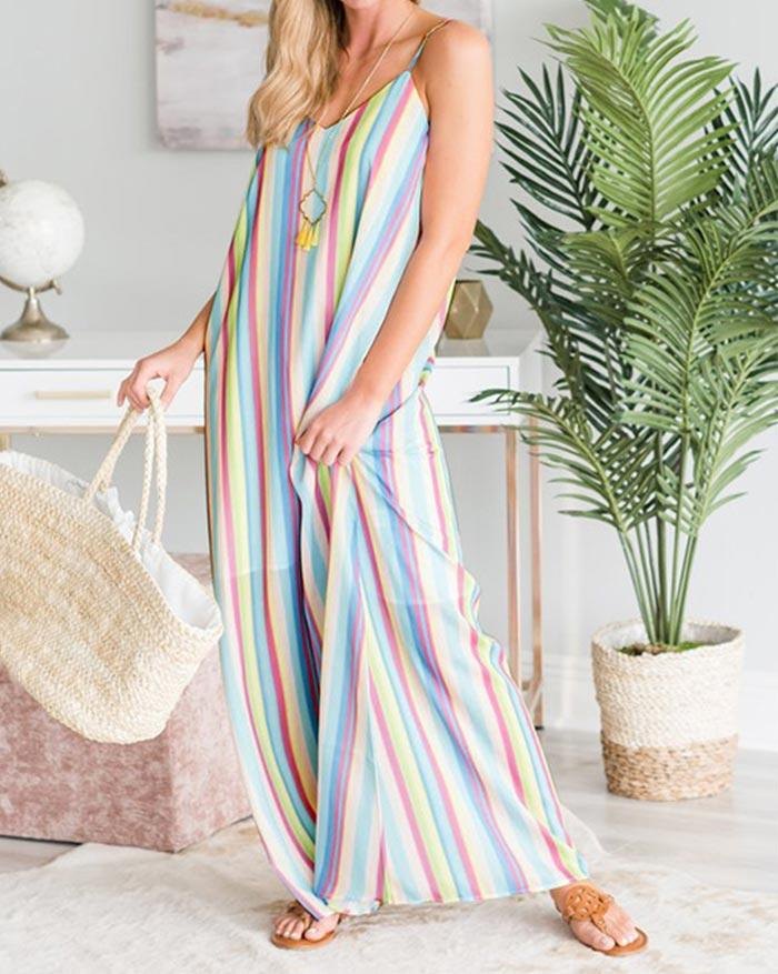 EMMIOL Colorful Striped Loose Strap Beach Dress