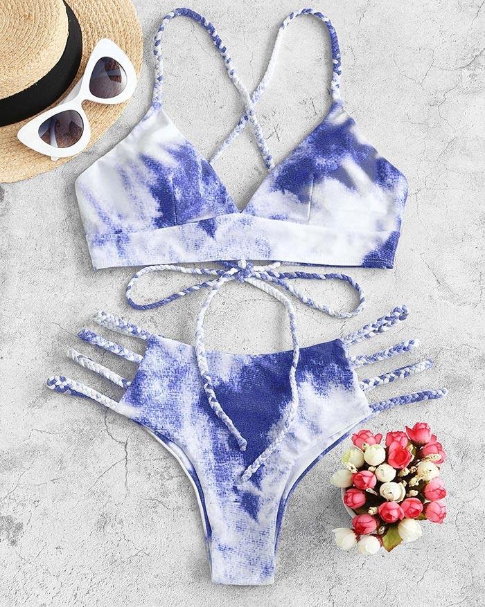 EMMIOL Bikini triangular de vendaje con cordones y trenza Tie-Dye