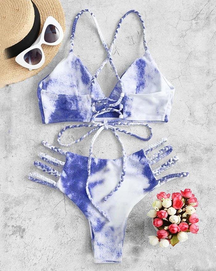EMMIOL Bikini triangular de vendaje con cordones y trenza Tie-Dye