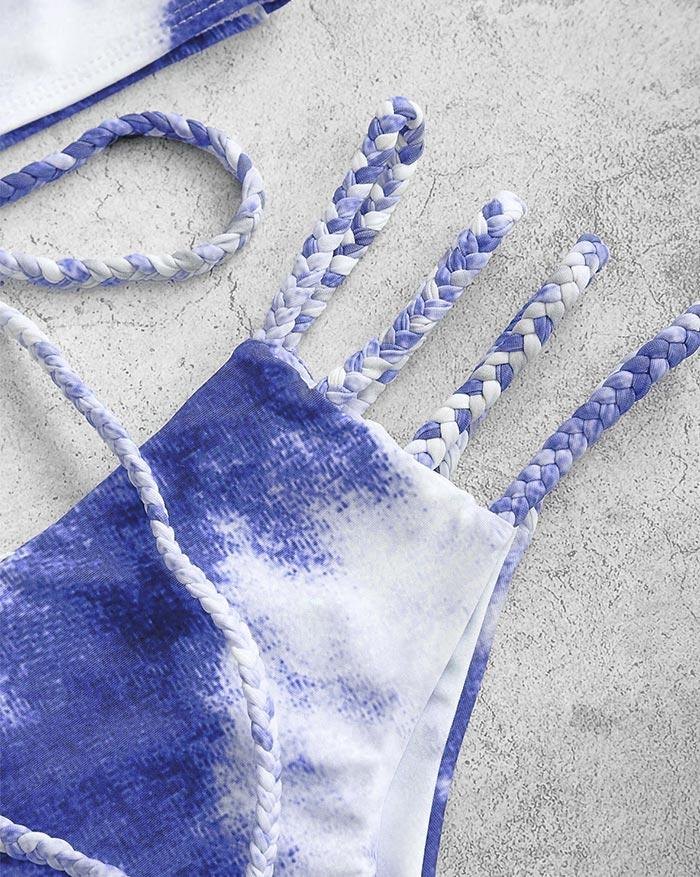 EMMIOL Bikini triangular de vendaje con cordones y trenza Tie-Dye