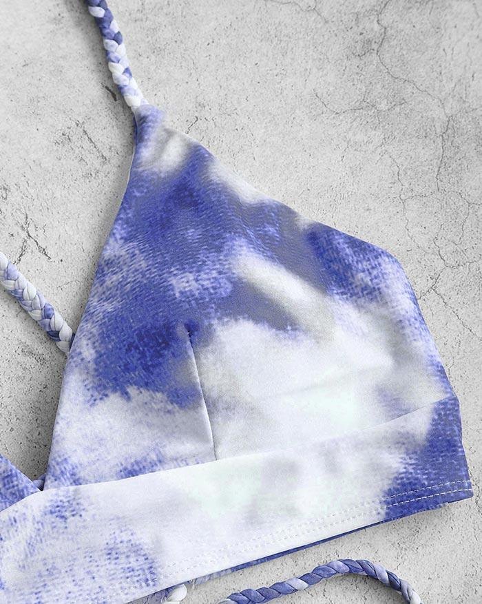EMMIOL Bikini triangular de vendaje con cordones y trenza Tie-Dye