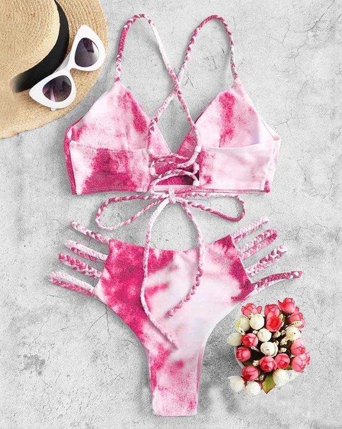 EMMIOL Bikini triangular de vendaje con cordones y trenza Tie-Dye