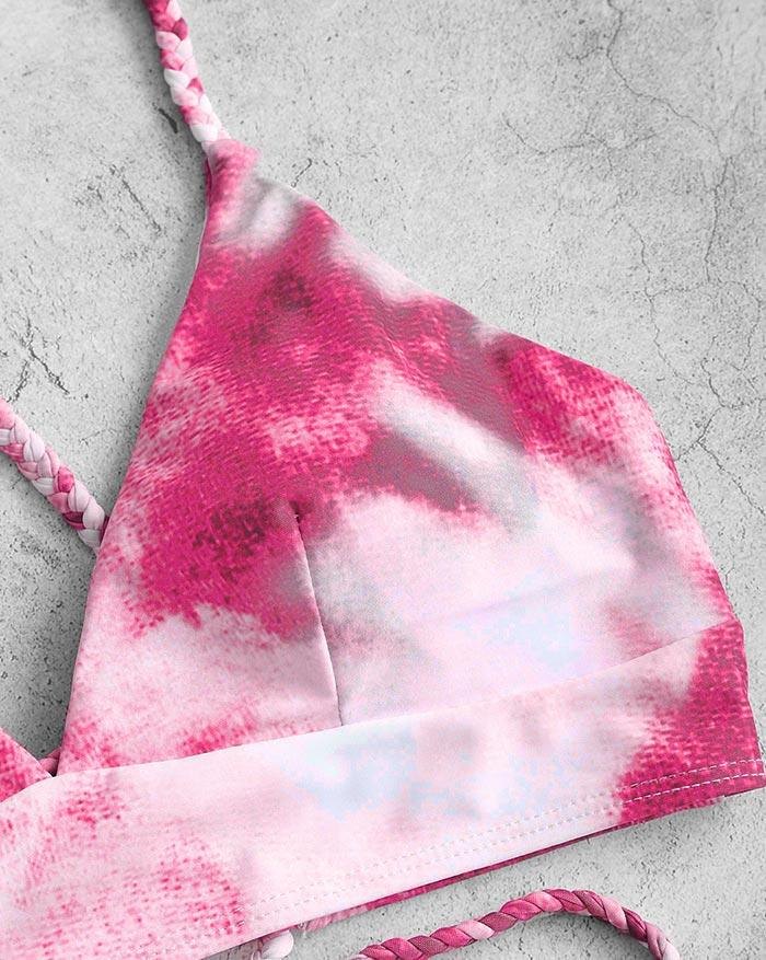 EMMIOL Bikini triangular de vendaje con cordones y trenza Tie-Dye