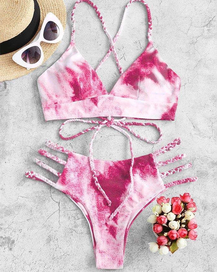 EMMIOL Bikini triangular de vendaje con cordones y trenza Tie-Dye