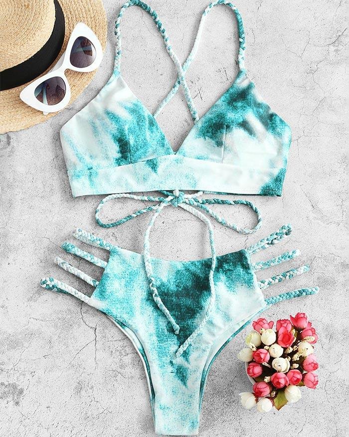 EMMIOL Bikini triangular de vendaje con cordones y trenza Tie-Dye