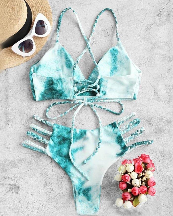 EMMIOL Bikini triangular de vendaje con cordones y trenza Tie-Dye