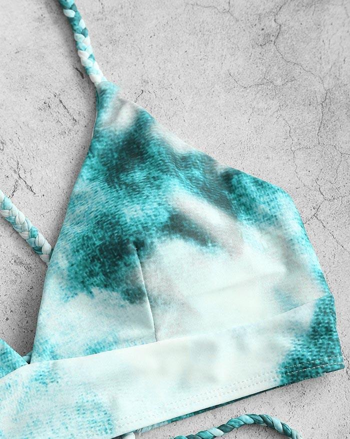 EMMIOL Bikini triangular de vendaje con cordones y trenza Tie-Dye