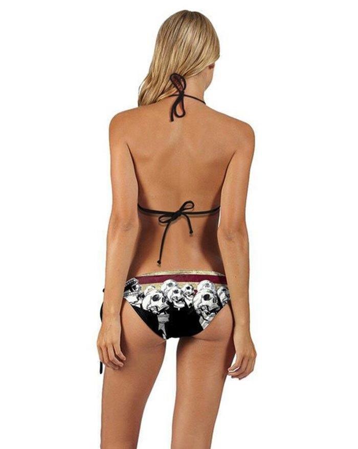 EMMIOL Bikini triangular con cordones y estampado de rayas y estrellas con cuello colgante