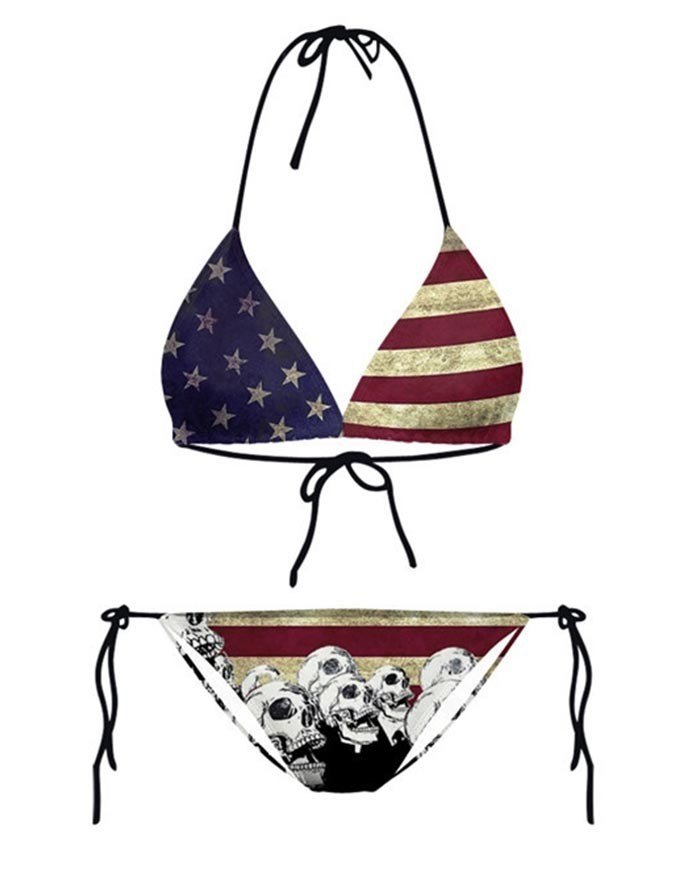 EMMIOL Hanging Neck Star And Stripe Print Lace Up Triangle Bikini