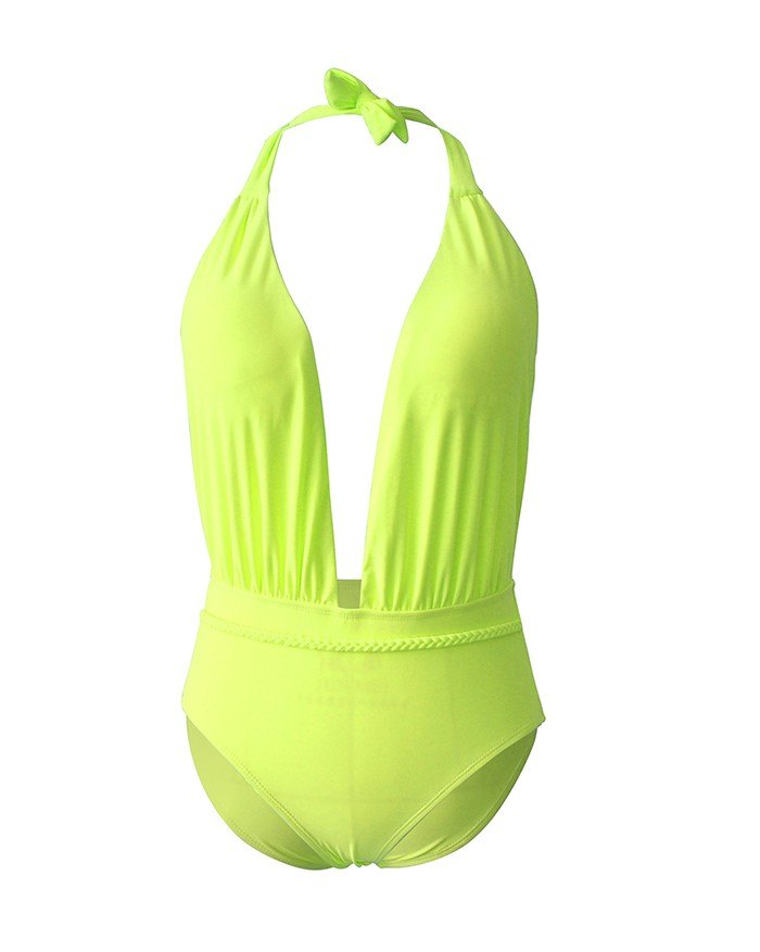 EMMIOL Traje de baño de una pieza sin espalda con escote en V profundo de color sólido