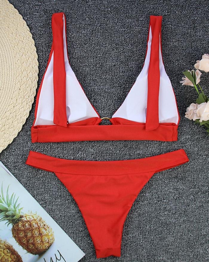 EMMIOL Einfarbiger O-Ring-Dreieck-Bikini mit hängendem Hals