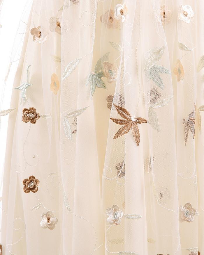 EMMIOL Vestido de tres capas de malla de encaje bordado con mangas 3/4 de organza