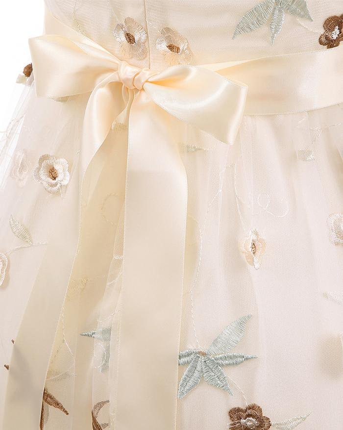 EMMIOL Vestido de tres capas de malla de encaje bordado con mangas 3/4 de organza