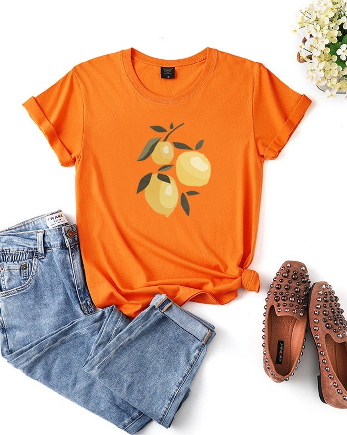EMMIOL Lemon Print Short Sleeve T-Shirt