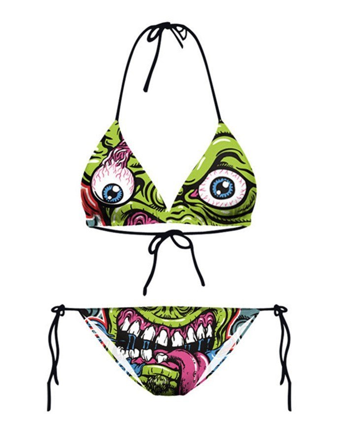 EMMIOL Graffiti Hanging Neck Lace Up Micro Bikini