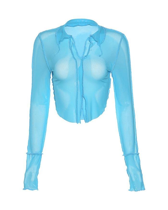 EMMIOL Camiseta ajustada de malla transparente sexy con cuello en V