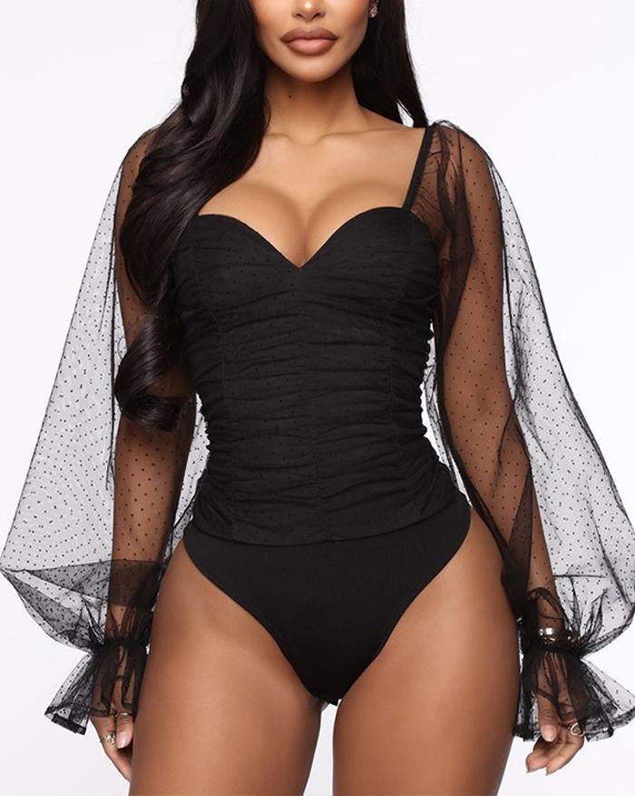 EMMIOL Chiffon Flocking Mesh Long Sleeve Bodysuit