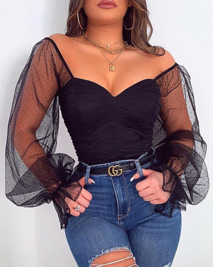 EMMIOL Chiffon Flocking Mesh Long Sleeve Bodysuit