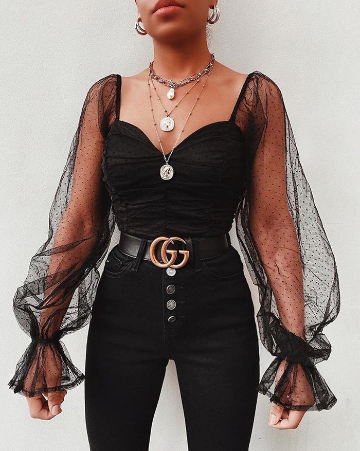 EMMIOL Chiffon Flocking Mesh Long Sleeve Bodysuit