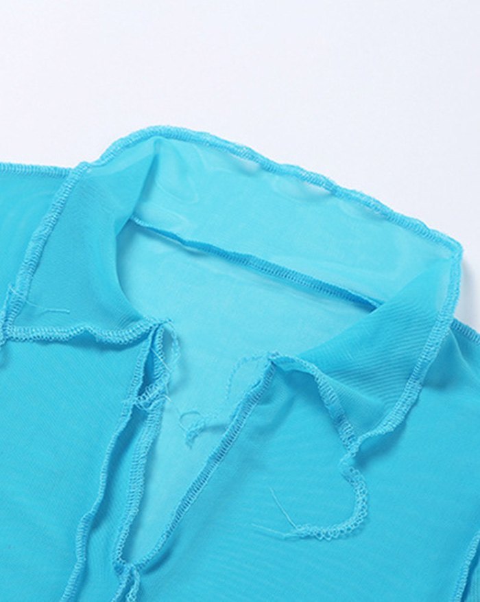 EMMIOL Camiseta ajustada de malla transparente sexy con cuello en V