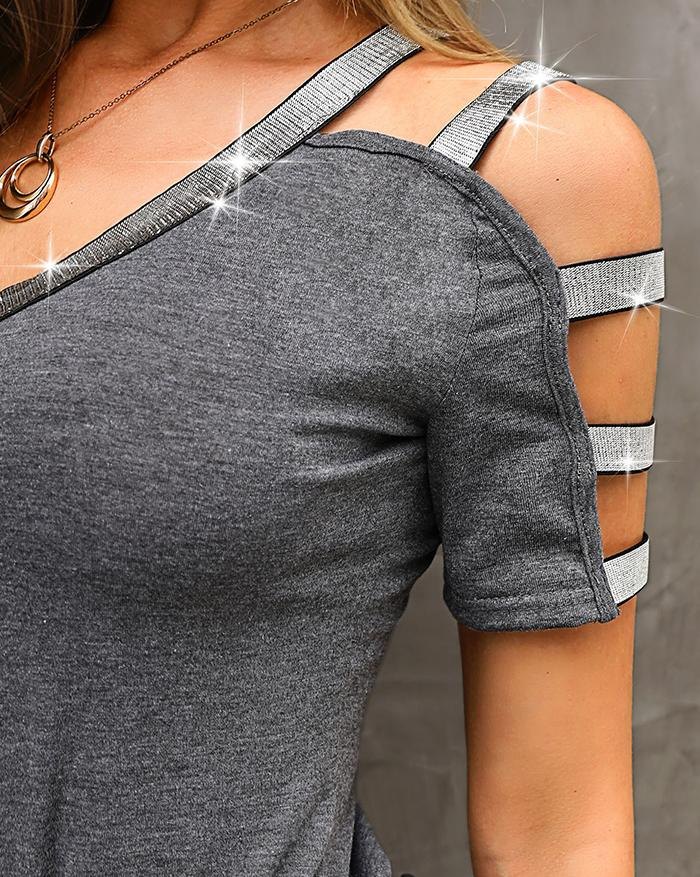 EMMIOL Camiseta con manga cortada en forma de escalera con purpurina