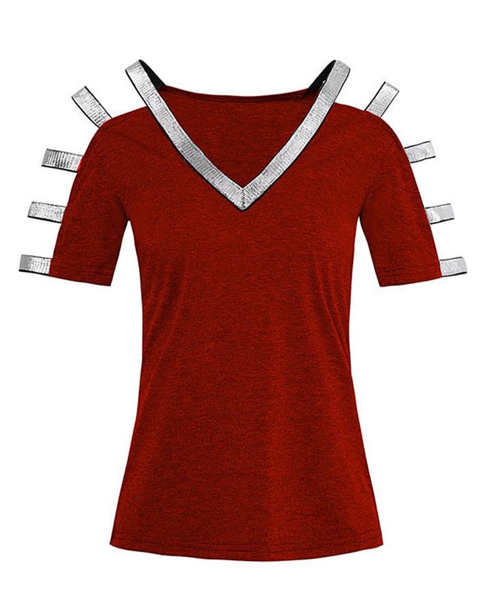 EMMIOL Camiseta con manga cortada en forma de escalera con purpurina