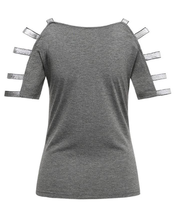 EMMIOL Camiseta con manga cortada en forma de escalera con purpurina