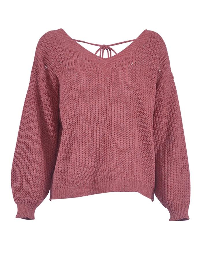 EMMIOL Hollow Back V-Neck Sweater