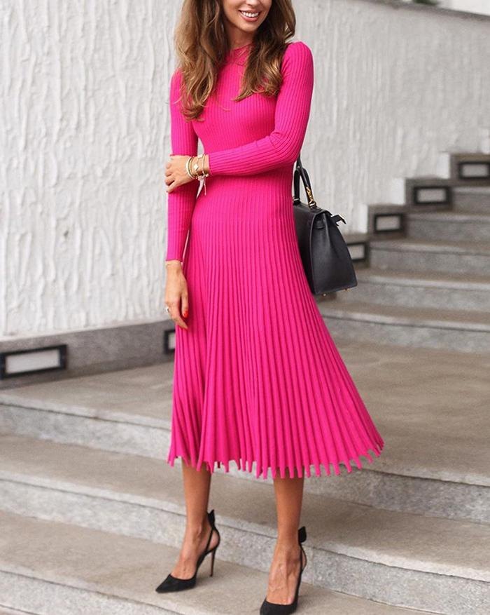 EMMIOL Vestido de punto plisado de color sólido de longitud media