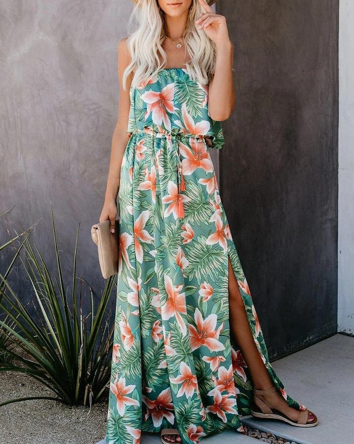 EMMIOL Vestido dividido con hombros descubiertos y estampado de selva tropical