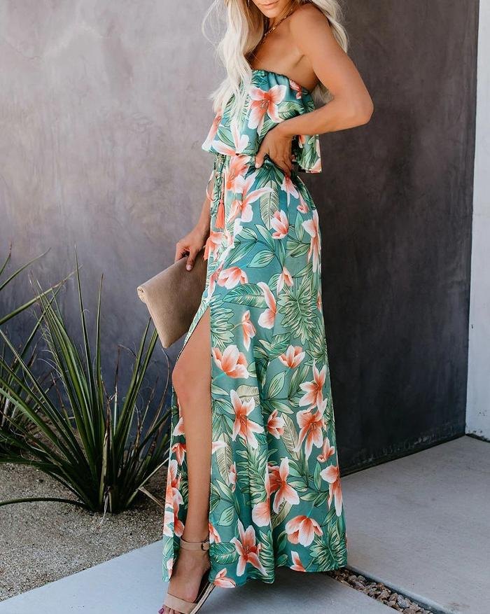 EMMIOL Vestido dividido con hombros descubiertos y estampado de selva tropical
