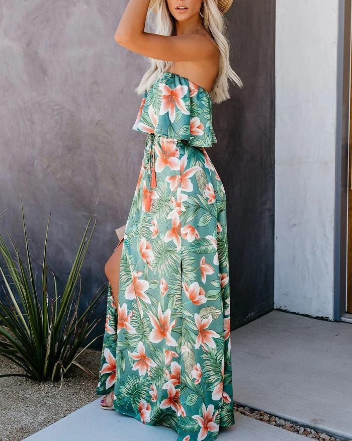 EMMIOL Vestido dividido con hombros descubiertos y estampado de selva tropical