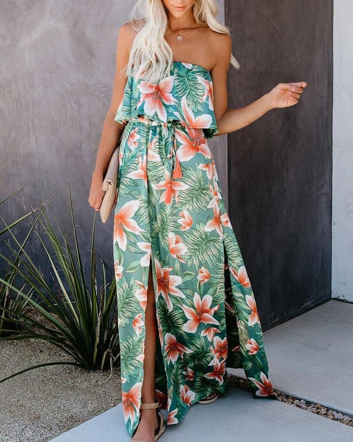 EMMIOL Vestido dividido con hombros descubiertos y estampado de selva tropical