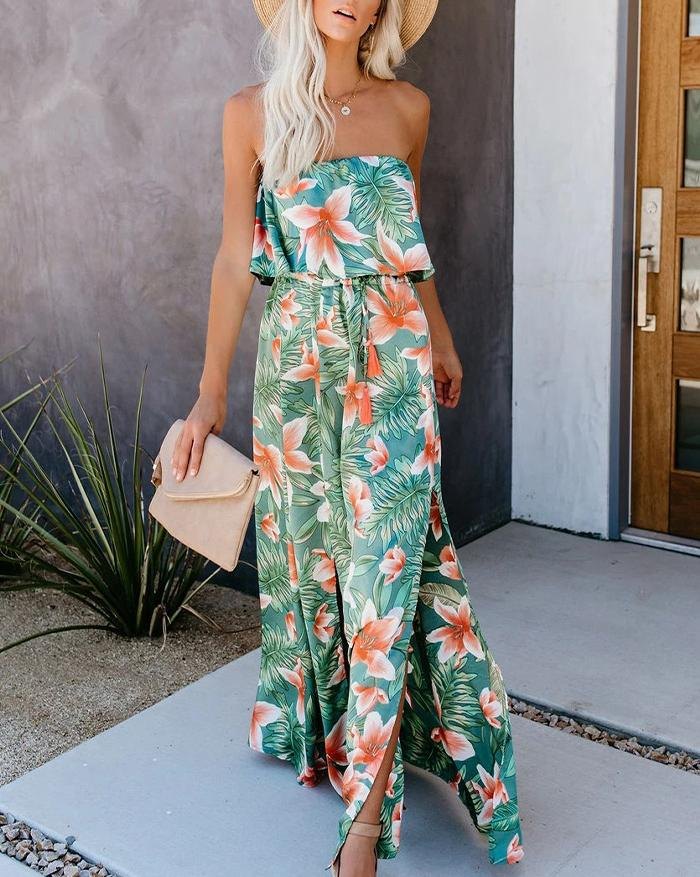EMMIOL Vestido dividido con hombros descubiertos y estampado de selva tropical