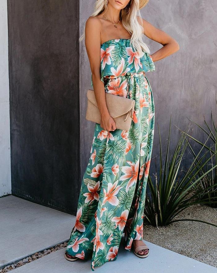 EMMIOL Vestido dividido con hombros descubiertos y estampado de selva tropical