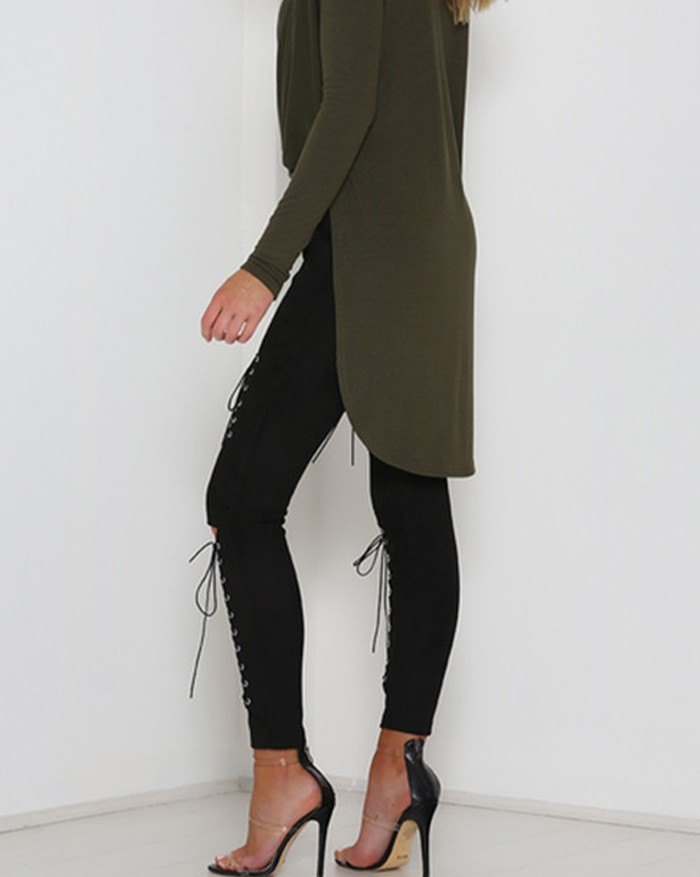 EMMIOL Casual Leggings aus Wildleder mit hoher Taille und Schnallenriemen